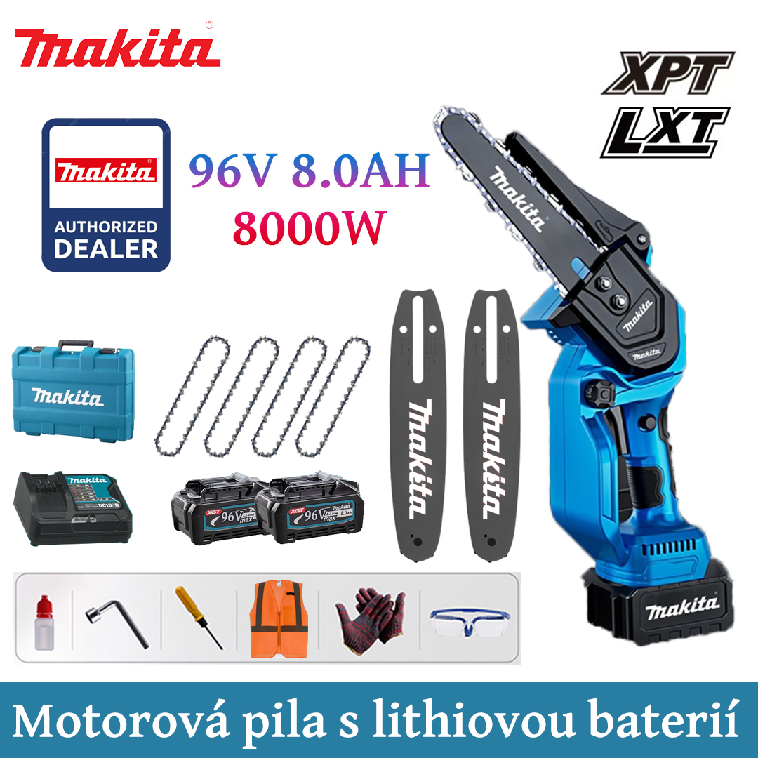 8palcová lithiová elektrická řetězová pila s výkonem 8000 W, baterií 96V 8,0Ah*2, nabíječkou, vodicí deskou*2, řetězem*4, schránkou na nářadí, mazivem a brýlemi